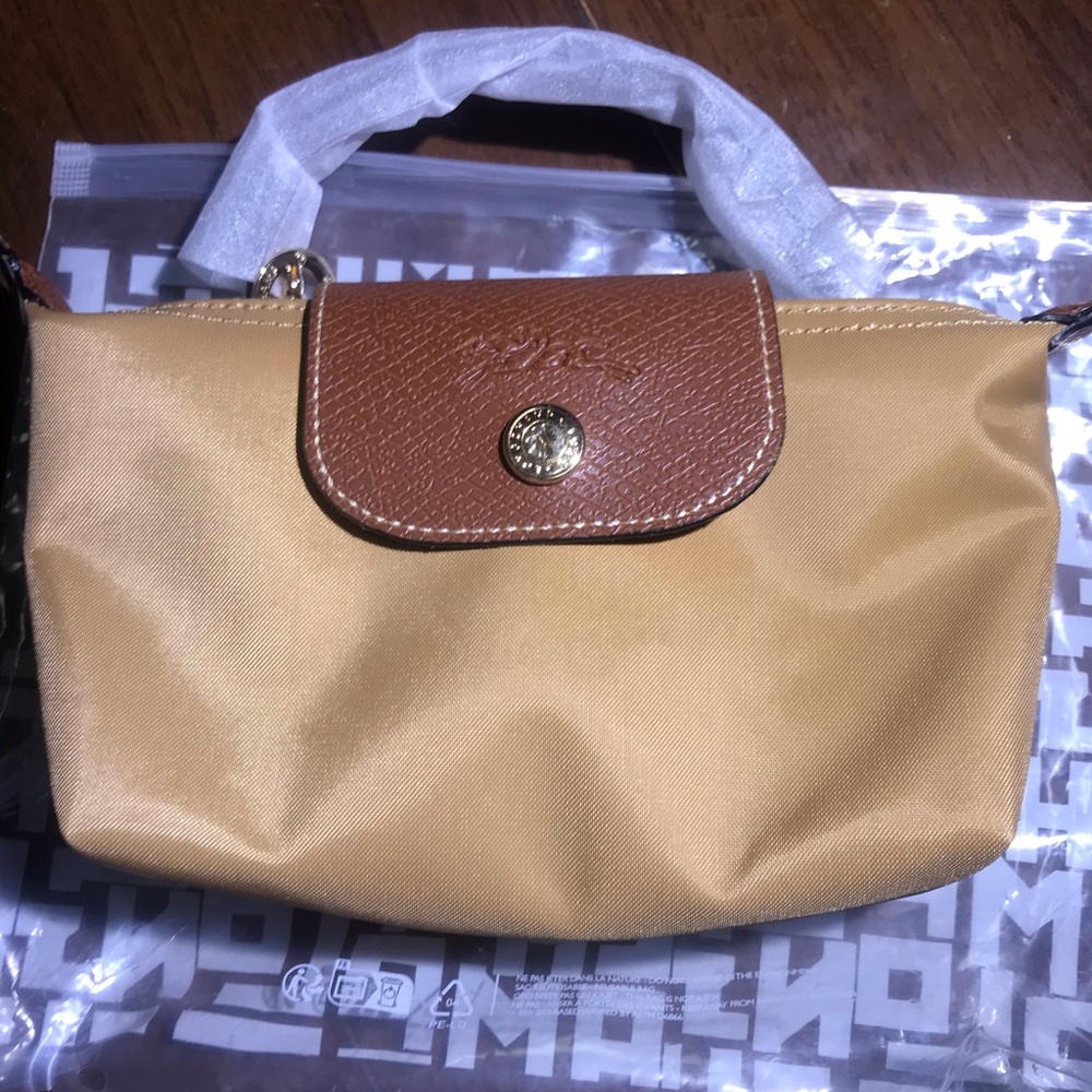 Longchamp Mini Le Pliage Crossbody in Desert yellow with Chestnut Trim